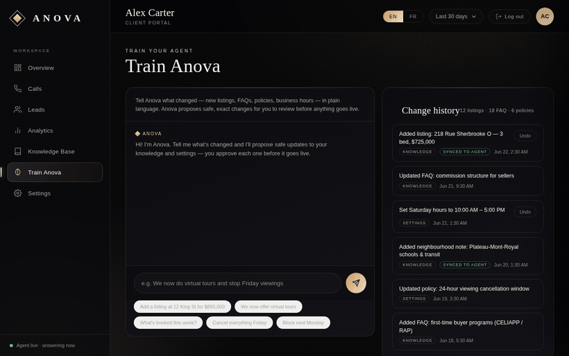 Anova dashboard Train Anova tab